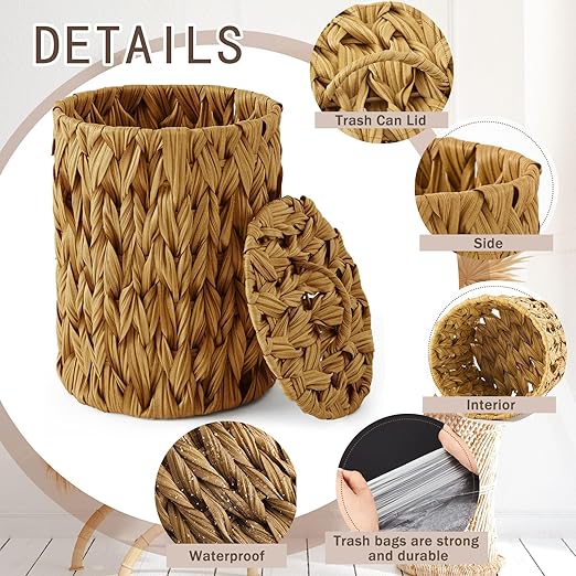 Ctosree 1.3 Gallons Small Trash Can with Lid Handle Boho Woven Braided Bathroom Waste Basket Trash Can with 100 Garbage Bags for Bedroom Office Laundry(Caramel Color,Braided Polypropylene,Round)