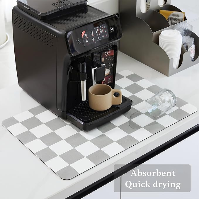 Checkered Dish Drying Mat for Kitchen Counter, Coffee Bar Station Accessories, Retro Cute Aesthetic Absorbent Coffee Mat Kitchen Drying Mat Easy Clean, Grey 16" x 24"
