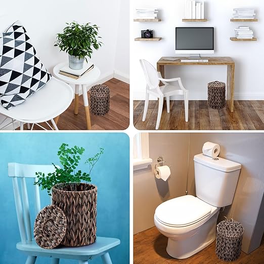 Ctosree 1.3 Gallons Small Trash Can with Lid Handle Boho Woven Braided Bathroom Waste Basket Trash Can with 100 Garbage Bags for Bedroom Office Laundry (Dark Brown,Braided Polypropylene,Round)