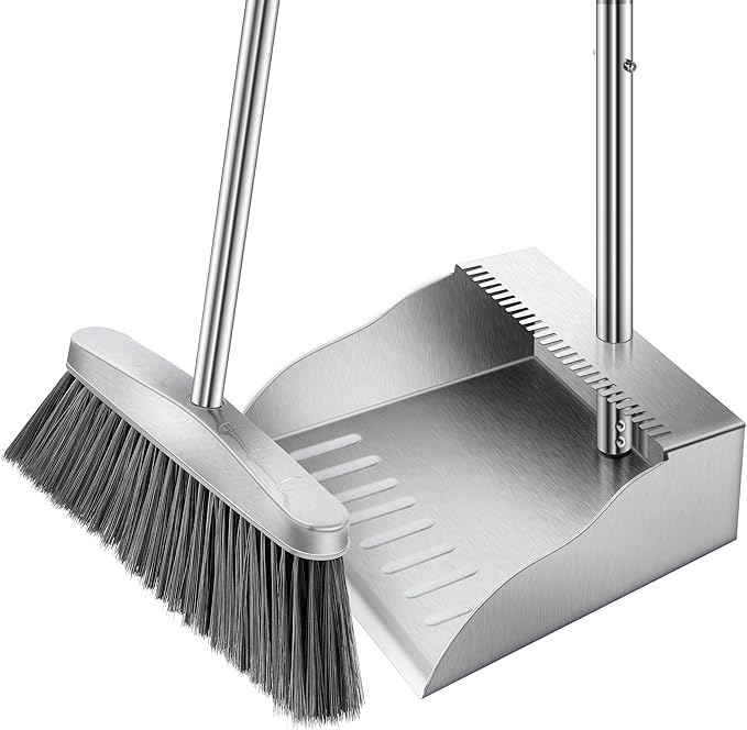 Dust Pans with Long Handle,Heavy Duty Metal Dust Pan with Handle,Upright Stand Up Dustpan with Dust Pan Teeth to Clean Hair for Home Kitchen Office Lobby Floor Garden