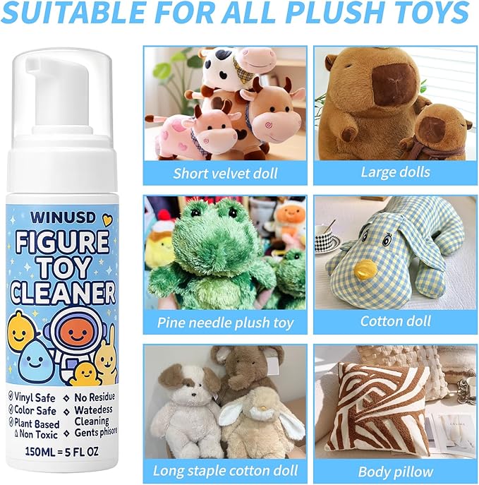 Figure & Plush Toy Cleaner - 5oz Foam Spray for Stuffed Animals & Soft Dolls with Brush & Cloth | No Rinse, Zero Residue, Color-Safe| Safe for Delicate Fabrics & Pets, Christmas Gifts for Plush Lovers