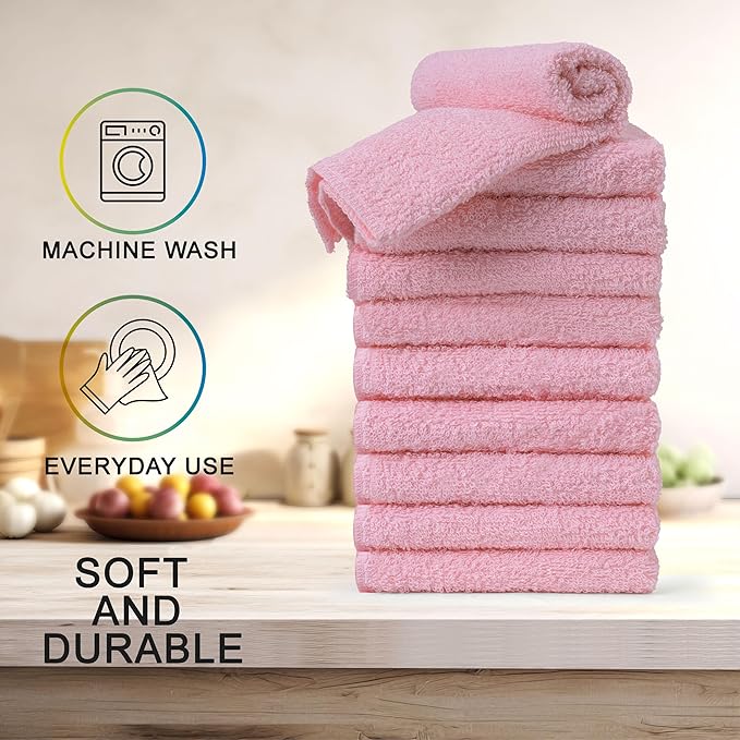 Textila Terry Wash Cloths – Pack of 10, Baby Pink, 12x12 Inches – Soft, Absorbent & Multipurpose Cotton Washcloths for Face, Hand, Bath, Kitchen, Spa, Gym & Hotel Use