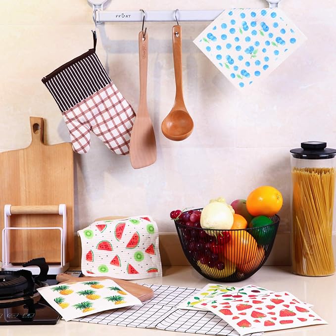 Patelai Mixed Fruit Swedish Kitchen Dishcloths Reusable Dish Towels Absorbent and Fast Dry Cleaning Cloths for Kitchen Blueberry Cherry Strawberry Lemon Pineapple Watermelon Cleaning Wipes (6 Count)