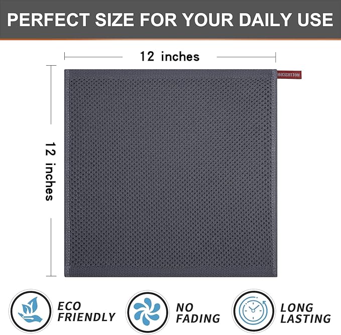 Kitinjoy 100% Cotton Kitchen Dish Cloths (12 X 12 Inches, Dark Grey), 8 Pack Waffle Weave Ultra Soft Absorbent Dish Towels for Drying Dishes Quick Drying Kitchen Towels Dish Rags
