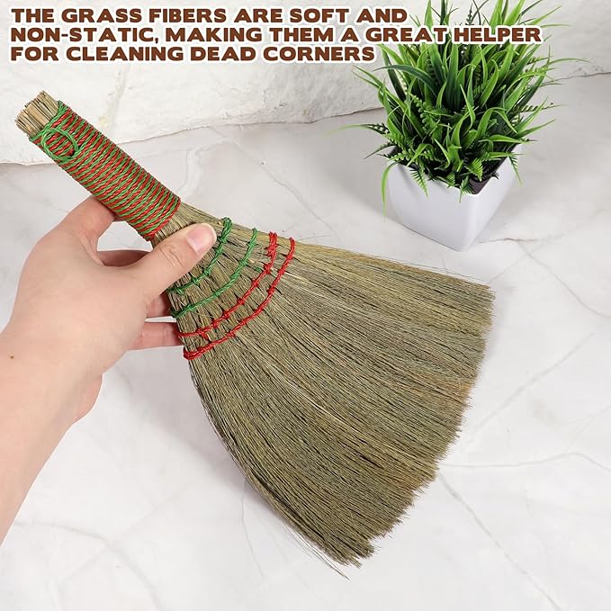 12 Inch Whisk Broom Hand Held, Corn Broom Straw Hand Brooms Handmade Short Handle with Hanger for Indoor & Outdoor Use