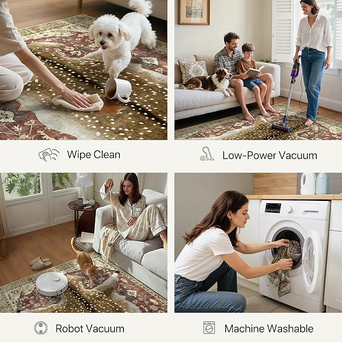 Bavni 2x6 Deer Rug, Machine Washable Soft Animal Print Runner Rug Non Slip Boho Low Pile Non-Shedding Hallway Print Carpet for Kitchen Entryway Nursery Bedroom, Red Yellow