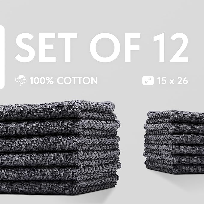 Wealuxe Super Absorbent Kitchen Towels 12 Pack - Premium 100% Cotton Kitchen Towels, 450GSM Thick Machine Washable Gray Dish Towels for Kitchen Drying, Cleaning, Dobby Weave, Unmatched Quality