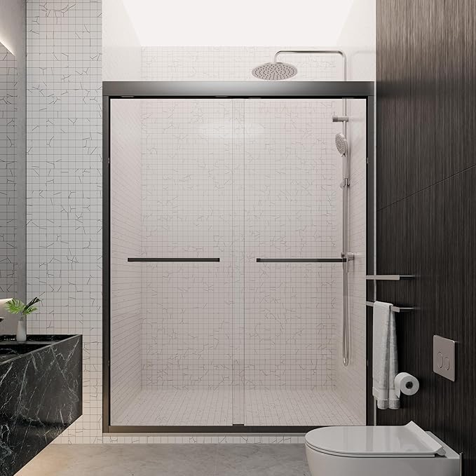 50-54" W x 70" H Semi-Frameless Double Sliding Shower Door, Bypass Shower Door with 1/4" (6mm) SGCC Tempered Glass, Matte Black Finish