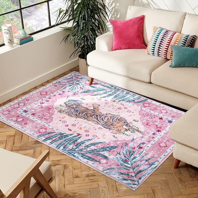 4x6 FT Leopard Rug for Living Room Pink Leopard Vintage Animal Rug Aesthetic Pink Rugs for Girls Room Nursery Bedroom Home Office Dorm Thin Bright Magenta Carpet (Light Pink, 4X6 FT)