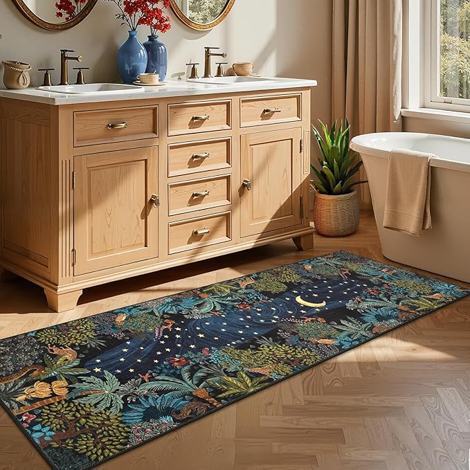 GarveeHome 2x6 Jungle Washable Runner Rug for Kitchen, Soft Animal Print Hallway Runner Non Slip Green Entryway Rug Farmhouse Laundry Mat Stain Resistant Carpet for Bedroom Bathroom