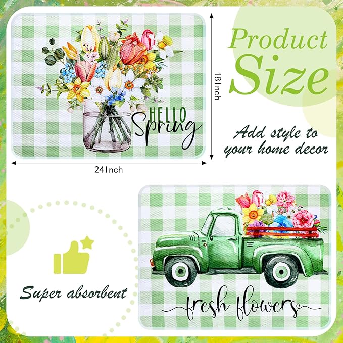 2 Pcs Dish Drying Mat for Kitchen, Spring Floral Absorbent Microfiber Dish Mat Counter 18 x 24 Inch Truck Flower Leaves Draining Green Drying Reusable Washable Pad