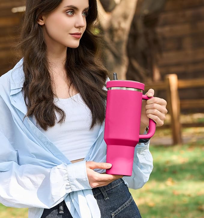 30oz Flip Straw Leak Proof Lid for Stanley Quencher,30 oz Tumbler Lid Replacement for Stanley Cup Accessories,No Spill Silicone Tumbler Lids with Cleaning Brush Set (Fuchsia)