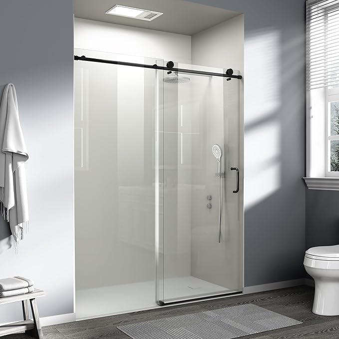 Abruzzo 76" Tall Frameless Single Sliding Shower Door - Adjustable 56" to 60" Width, 1/4" (6mm) Tempered Glass with Safety Film, Matte Black Finish for Walk-in Showers, Space Saving Design