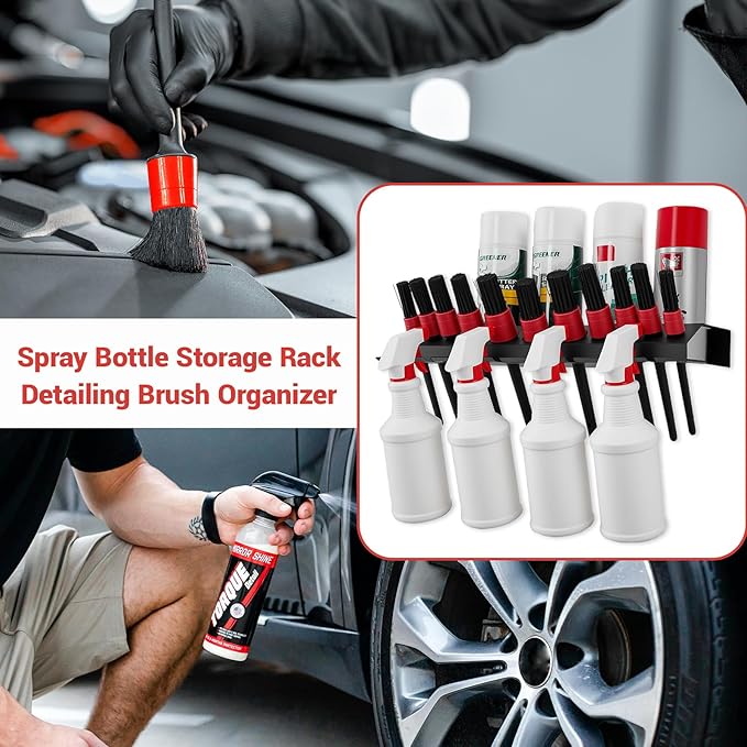 Car Cleaning Brush and Spray Bottle Storage Rack, Wall Mount Bottle Organizer Detailing Brush Organizer Holder，Car Beauty Shop Accessory Display，Spray Containers Tool for Auto Repair Shops Garages