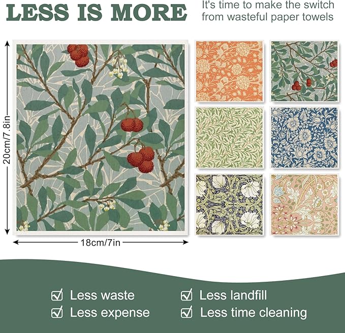Whaline 12 Pcs William Morris Floral Swedish Dishcloths Vintage Greenery Flower Kitchen Towels Reusable Cotton Absorbent Dish Towels for Home Housewarming Cleaning, 7 x 8 Inch