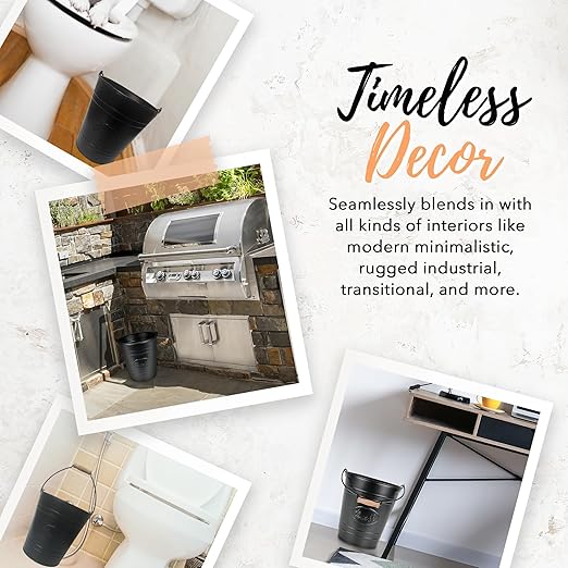 Autumn Alley Farmhouse Bathroom Trash Can - Decorative Rustic Black Trash Can Bucket with Wooden Handle for Bathroom, Bedroom, Office, Kitchen, Western Country Home Décor, 2 Gal., Matte Black