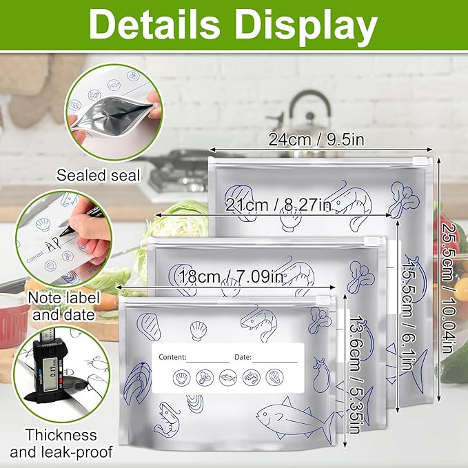 30PCS Reusable Aluminum Foil Sealable Storage Bags,Upgrade Reusable Aluminum Foil Storage Bags,Stand Up Foil Sealable Bags with Label and Zip Lock for Vegetable Fruit Meat(Large）