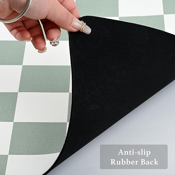 Checkered Dish Drying Mat for Kitchen Counter, Coffee Bar Station Accessories, Retro Cute Aesthetic Modern Absorbent Drainer Mat Kitchen Drying Mat Easy Clean, Sage 16" x 24"