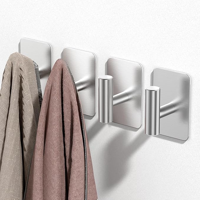 Silver Hooks for Hanging Heavy Duty, Wall Hooks for Shower, Bathroom, Towel, Coat, Robe, Waterproof & Rustproof Adhesive Hooks, Sticky Towel Hooks for Walls No Damage- 2 Pack