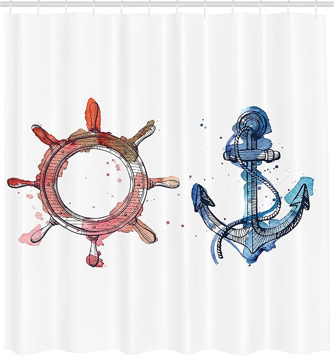 Ambesonne Nautical Shower Curtain, Illustration of an Anchor and Steering Wheel Watercolors Splashes Ink Brush Effects, Cloth Fabric Bathroom Decor Set with Hooks, 69" W x 70" L, Pink Blue