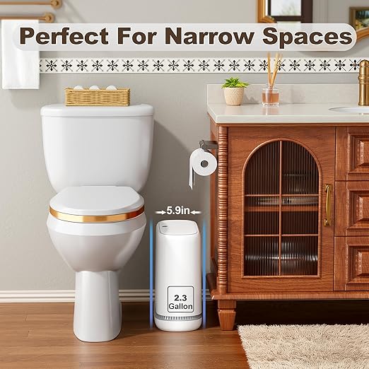 Spreezy Bathroom Trash Can with Lid, 2.3 Gallon/8.6 L Small Trash Can, Pneumatic Adhesion Style Garbage Can for Kitchen, Bedroom, Living Room, Office, Trash Bin Includes 5 Rolls of Trash Bags