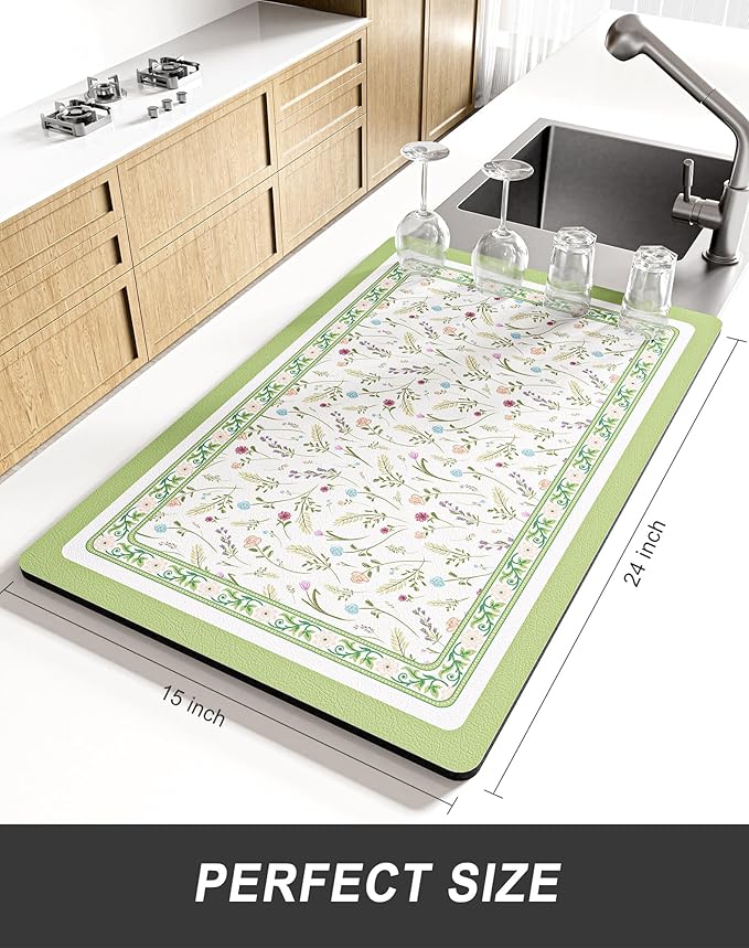 Rnivvi Dish Drying Mat for Kitchen Counter, XL 15 x 24" Cute Flower Theme Absorbent Draining Pad, Non-Slip Heat Resistant Coffee Bar Mat for Coffee Machine Station Accessories, Green Dish Rack Pad