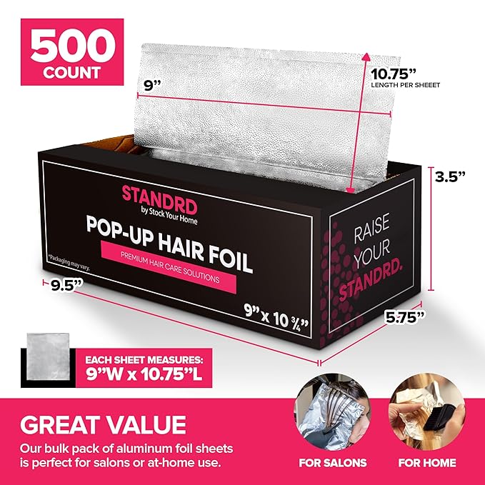 Stock Your Home 500 Count Aluminum Foil for Hair Highlighting, 9” Pop Up Foil Sheets for Salon or Home Use, Embossed Disposable Hair Foils for Highlighting, Coloring Hair, Wide Foil for Hair Stylist