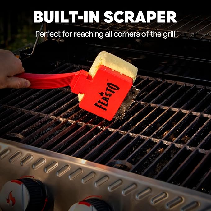 Bristle Free Grill Brush with Scraper for Outdoor Grills, Reinforced Steam BBQ Cleaning Brush with Replaceable Cleaning Head, Safe Grill Cleaner for Cast Iron & Stainless Steel Grates, Red