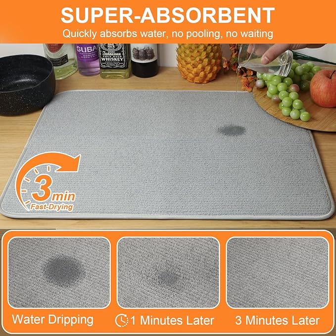 Dish Drying Mat 24 x 17 in, Large Microfiber Drying Mats, Absorbent Quick Dry Pad for Kitchen Counter, Countertop Protector for Dishes, Pots & Pans, Machine Washable, Gray (1 PCS)