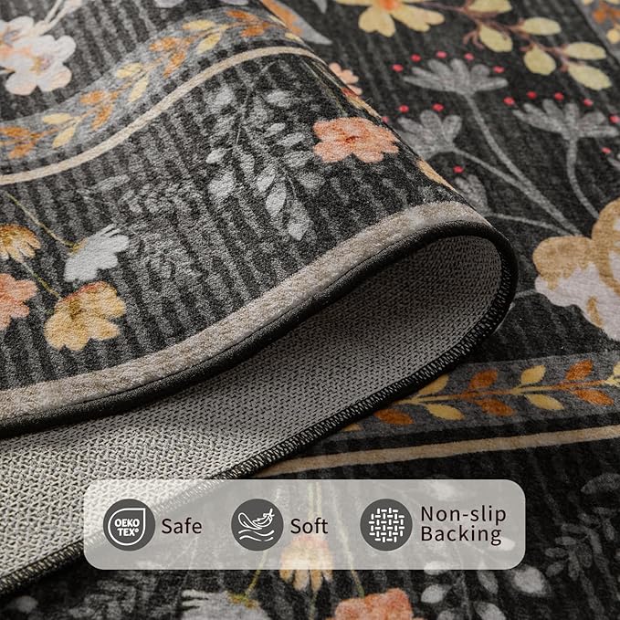 Floral Rug for Living Room Bedroom, 5x7 Washable Rug, Black Vintage Boho Area Rug, Large Non Slip Low Pile Wool Carpet for Indoor Dining Room,Girls Room,Nursery Room and Kids Room(Black 5x7ft)