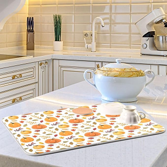 Fall Pumpkin Pattern Dish Drying Mat for Kitchen Countertop 16x18 Autumn Leaves Thanksgiving Day Small Drying Mat Reusable Quick Dry Dish Sink Mats Easy Clean Decorative Essentials