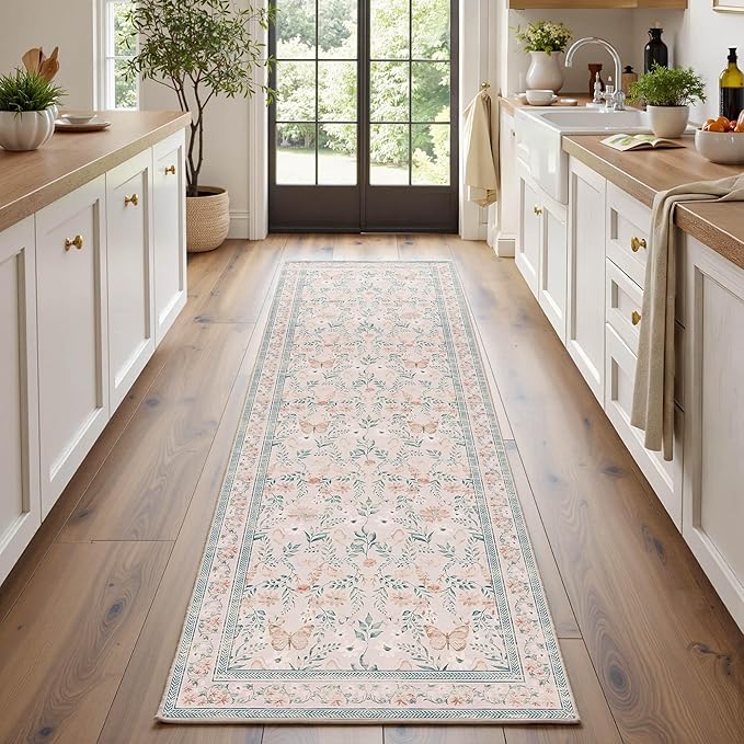 2x6 Floral Runner Rug, Washable Runners for Hallways, Pink Vintage Boho Kitchen Rugs, Non Slip Hallway Runner Carpet for Indoor Hallway, Kitchen, Laundry Room and Bathroom