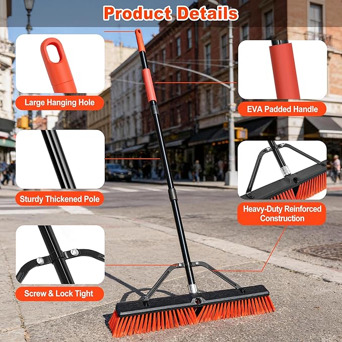 JEHONN 24” Wide Push Broom Outdoor Heavy Duty with 63 inches Long Handle, Stiff Bristle Commercial Industrial Brush for Garage Warehouse Shop Garden Patio Deck Yard Street (Red)