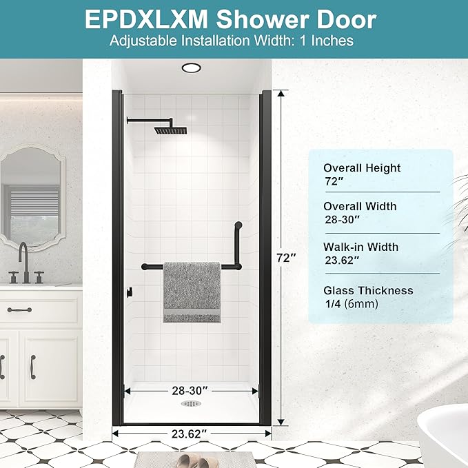 Frameless Pivot Shower Door 28"-30" Wx72 H,1/4"(6mm) Clear Nano Coated (SGCC) Tempered Glass,Reversible Swing Shower Door for Walk-in Shower,Modern Matte Black Finish