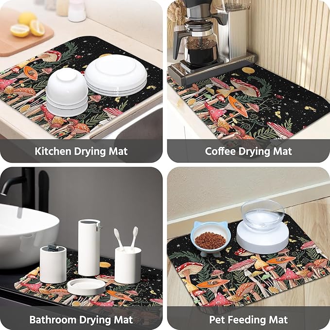 Dish Drying Mat for Kitchen Counter 18x24 Inch, Super Absorbent Dish Drainer Mat, Decorative Microfiber Dishes Drying Pad-Large(Mushroom)