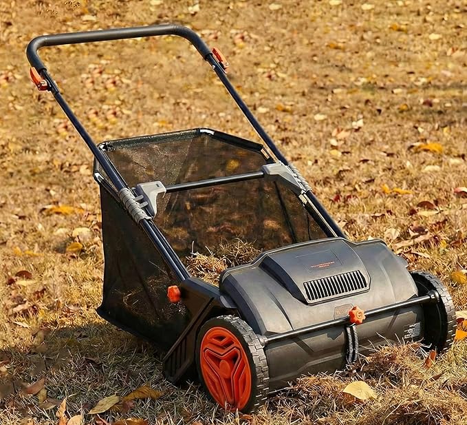 Hand Push Lawn Sweeper, 21" Sweeping Width Floor Sweeper Manual Non-Electric, 3.5 cu. ft. Large Mesh Collection Hopper Bag, 2 Spinning Brushes for Walkway, Yard, Garage, Patio (21")