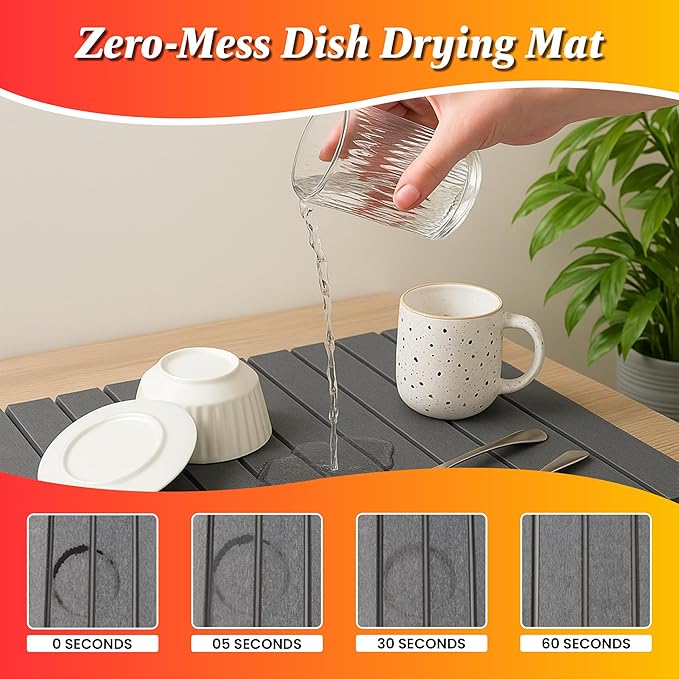 Large Stone Dish Drying Mat for Kitchen Counter, Instant Drying Pad, Super Absorbent Foldable Dish Drying Mat, 24"×16", Dark Gray