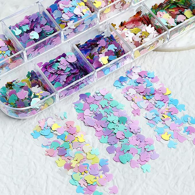 Rabbit Nail Art Glitter Sequins, 3D Animal Rabbits Nail Flakes Designs, Holographic Easter Laser Rabbit Acrylic Nails Supplies for Women Girls Manicure Decorations, DIY Body Makeup Crafts Kit