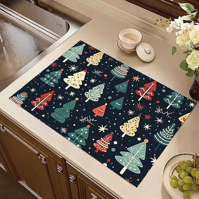 Cute Christmas trees Dish Drying Mat 18x24 inches Microfiber Absorbent Fast Dry Mat for Kitchen Counter Coffee Bar Christmas Large Drying Mat Kitchen Decor Gifts (Christmas Trees, 18x24 inches)