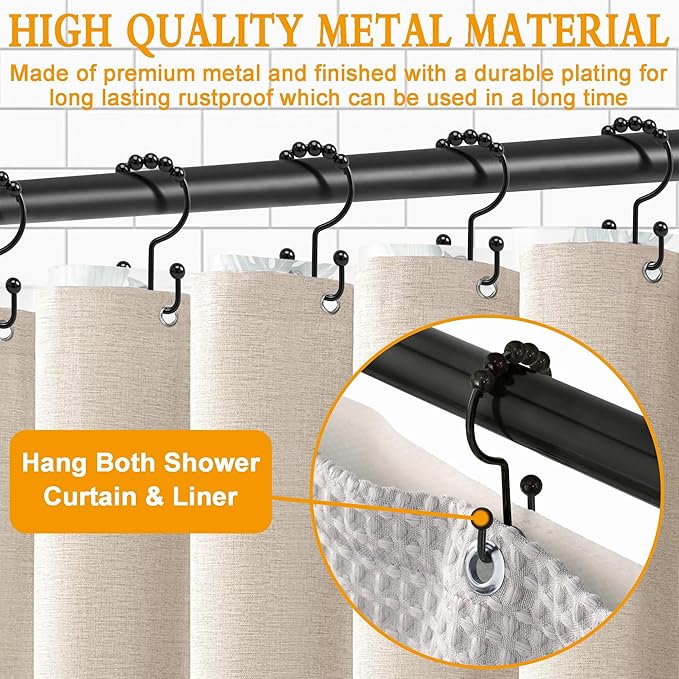Shower Curtain Hooks, 12 Pcs Rustproof Metal Shower Curtain Rings,Free Sliding Double Shower Hooks for Shower Curtain & Liners, Shower Curtain Hangers for Bathroom Shower Curtain Rods Curtains (Black)