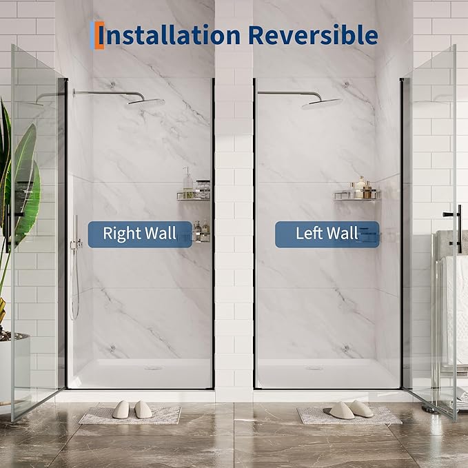 34" W x 72" H Frameless Pivot Shower Door - 1/4" Tempered Glass with Matte Black Frame, Single Swing Door for Modern Bathroom,Waterproof & Easy to Clean