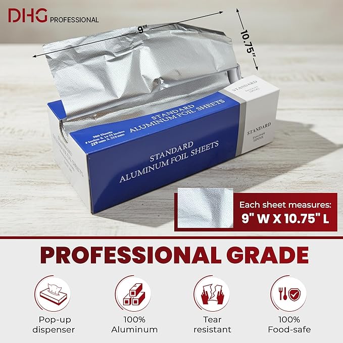 Aluminum Foil Sheets, 500 Count – 9" x 10.75" Pre-Cut Pop-Up Dispenser for Food Wrap, Sandwich Wrap, Hair Foils, Food Storage, Baking, Catering, Restaurant, Salon Use