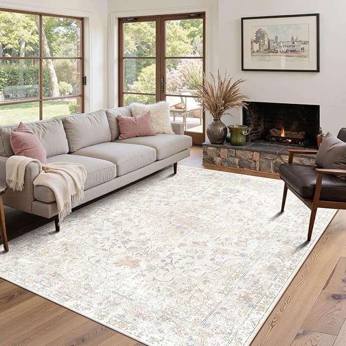 4x6 Area Rugs for Living Room, Bedroom, Small Washable Beige Rugs, Entryway Non Slip Rug, Neutral Floral Vintage Boho Soft Indoor Carpet for Nursery, Bathroom, Office