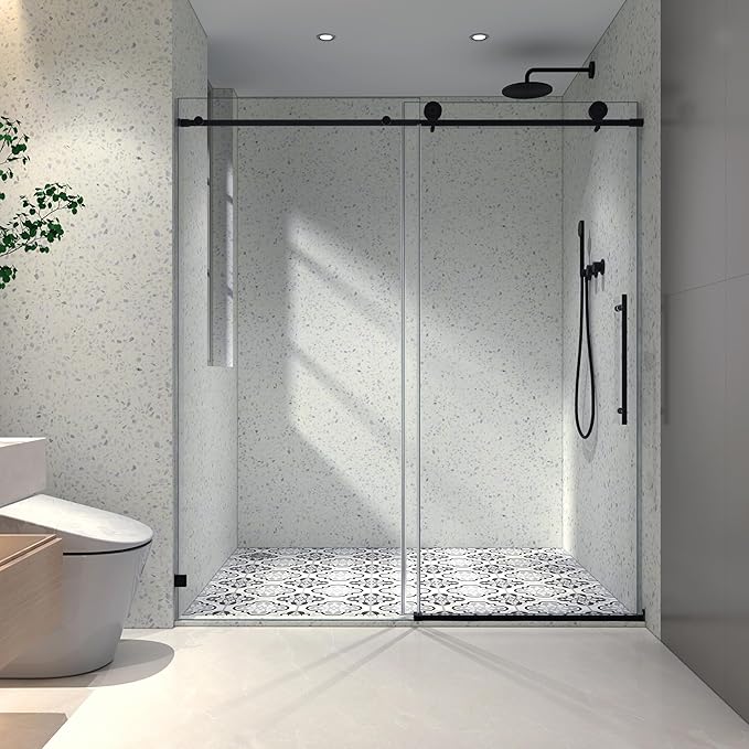 Favfurish Single Sliding Shower Door, 55"-60" W x 76" H Frameless Shower Door with 5/16" (8mm) Thick SGCC Tempered Glass W/Adjustable Soft Closing,Bathroom Glass Door for Spa（Matte Black）