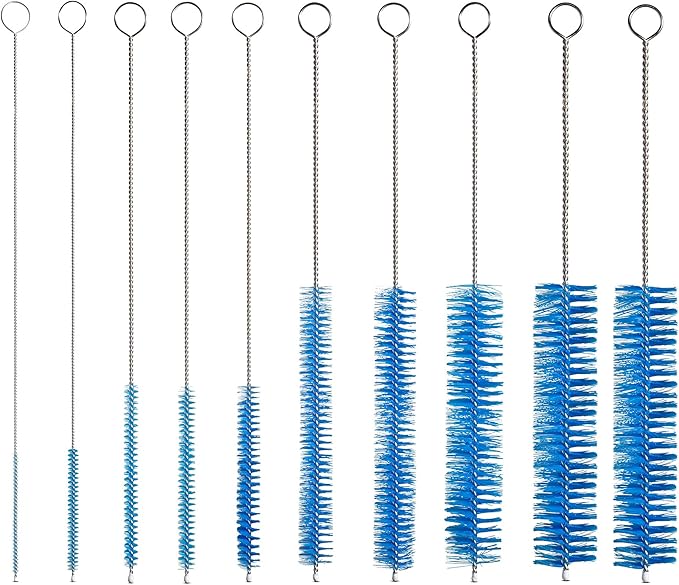 10" Tube Cleaning Brush Set, 10 Pack, Extra Long Nylon Straw Brushes with Flexible Handles for Bottles, Cleaning Straws, Pipe Cleaners, Keyboard, Glass, Guns, Detailing and Deep Cleaning, Blue