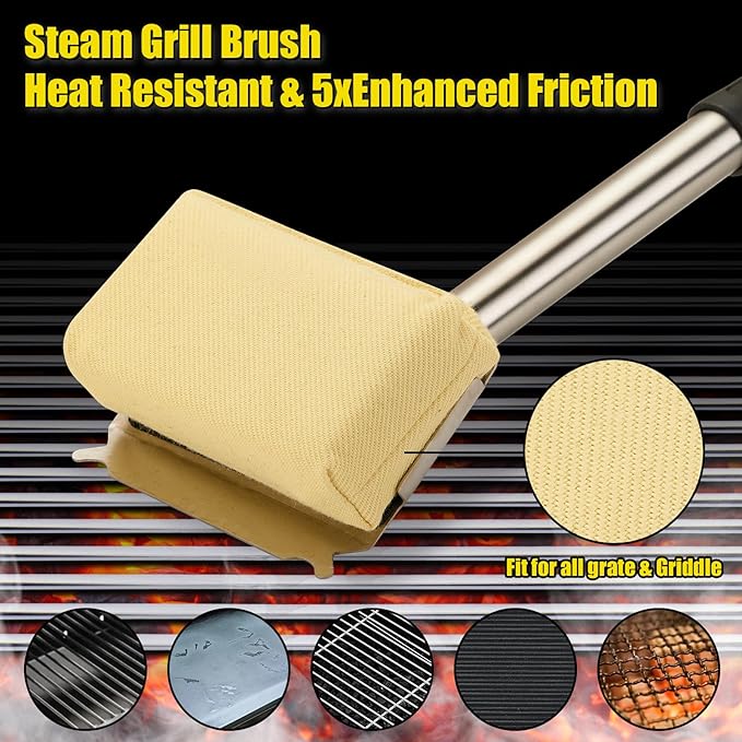 Grill Brush Bristle Free-Steam Grill Brush for Outdoor Grill for Barbecue,for Cast Iron Grates,Grill Cleaning Brush with Replacement Pads,Grill Cleaner (Handle+Pads)