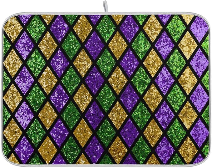 Mardi Gras Dish Drying Mat for Kitchen Gold Purple Green Buffalo Plaid Microfiber Drying Mats Absorbent Reversible Dish Pad Large Dish Draining Mat 18x24 inch
