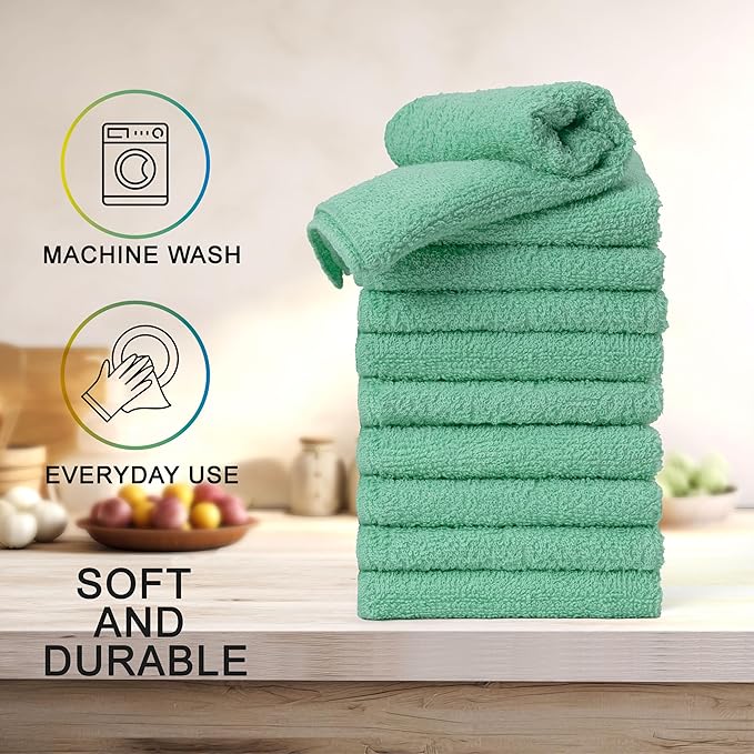 Textila Terry Wash Cloths – Pack of 10, Aqua Green, 12x12 Inches – Soft, Absorbent & Multipurpose Cotton Washcloths for Face, Hand, Bath, Kitchen, Spa, Gym & Hotel Use