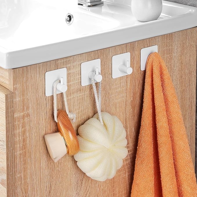 YIGII White Adhesive Hooks - Towel Hook Heavy Duty Stick on Wall Hooks for Hanging Robe/Coat in Bathroom, Bedroom, SUS-304 Stainless Steel, 4 Packs