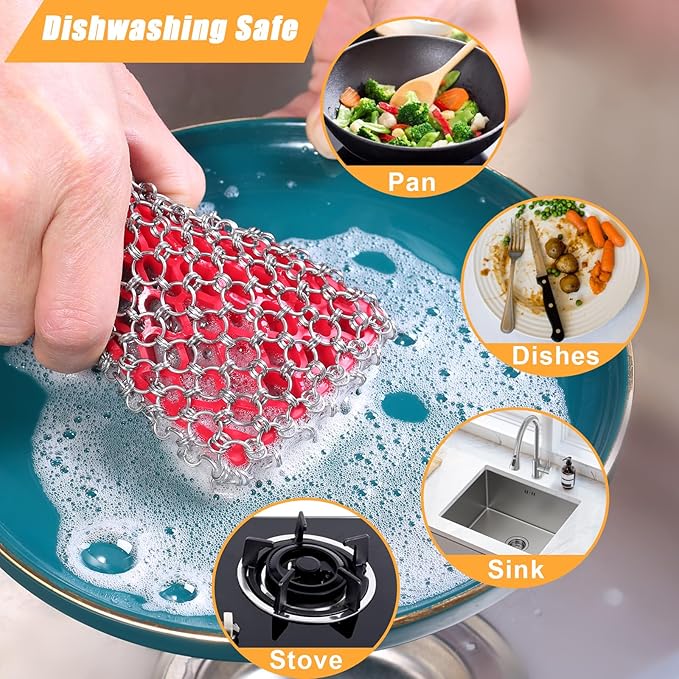 TEZZ Cast Iron Scrubber, Skillet Chainmail Scrubber for Cast Iron Pan - Chain Mail Scrubber Cast Iron Sponge - Metal Scrubber Cast Iron Skillet Cleaner, Wok, Frying Pans, Dutch Oven Cleaning Scrubber